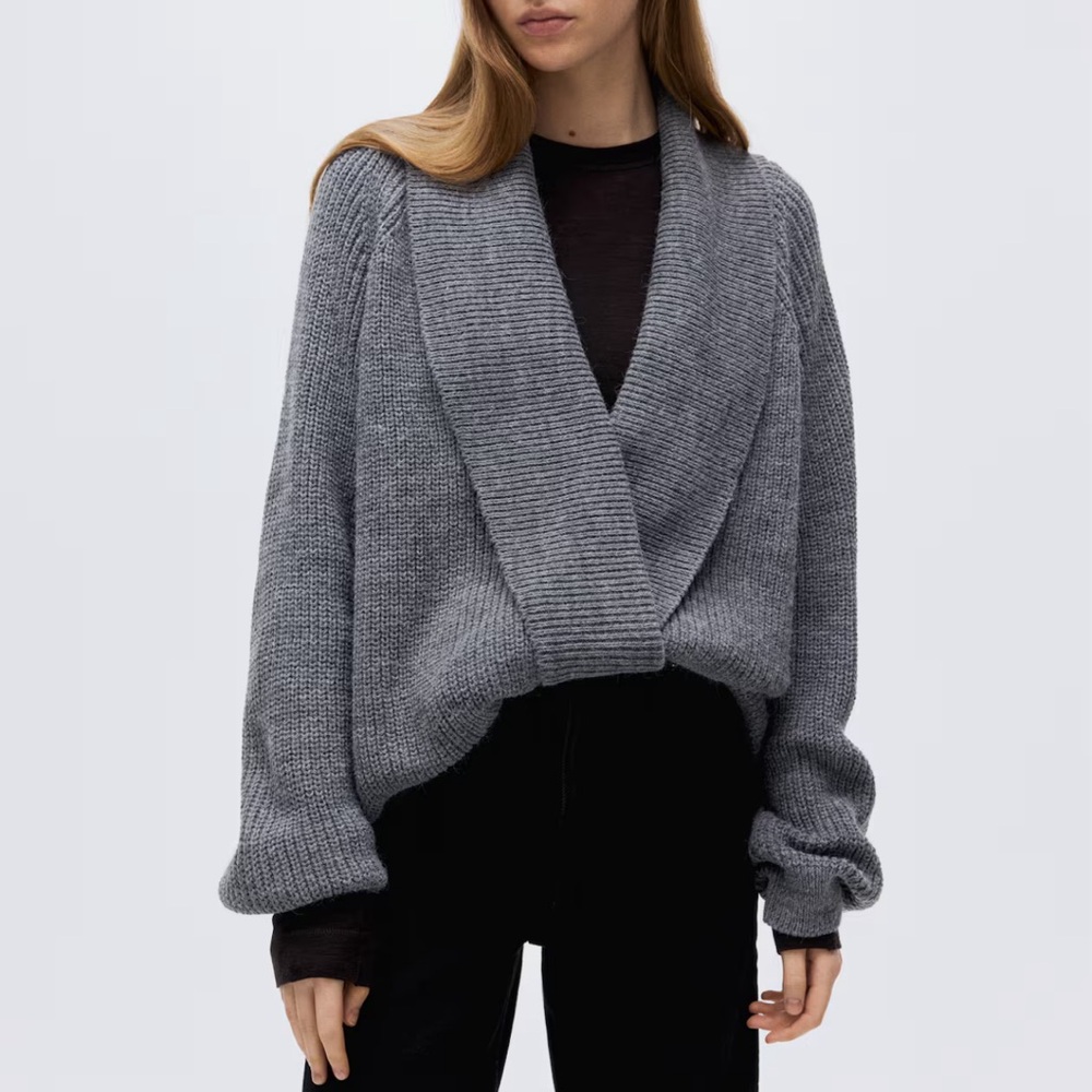 H&M Gray Shawl-Collar Chunky Knit Sweater